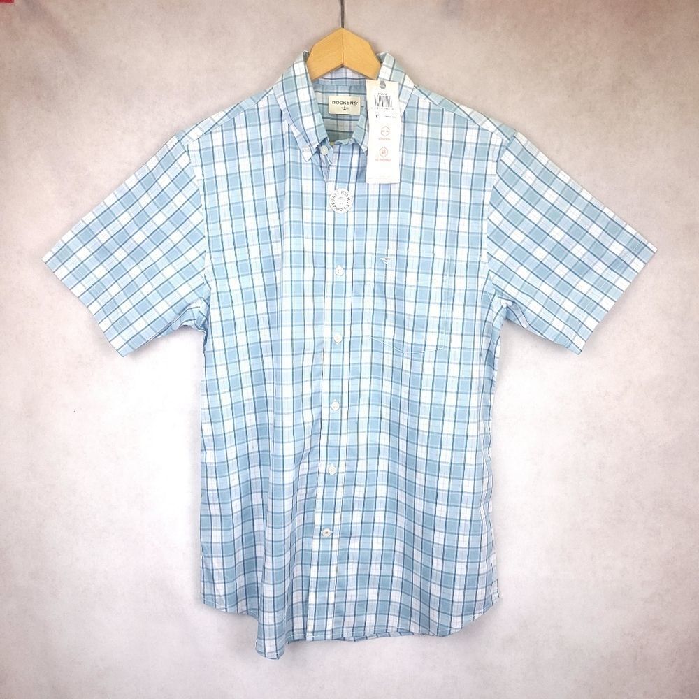 Docker's Short Sleeve Stretchy No Wrinkle Blue White Ckeck Shirt Size Small